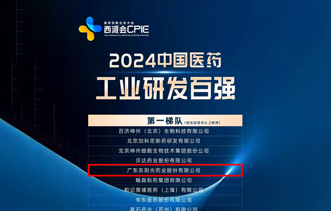 热烈祝贺广东东阳光药业上榜“2024中国医药工业研发百强”第一梯队！
